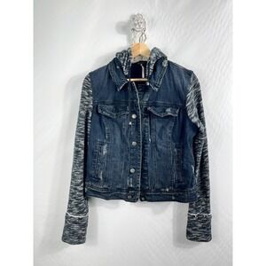Free People Size M Dark‎ Hooded Knit Denim Jean Jacket